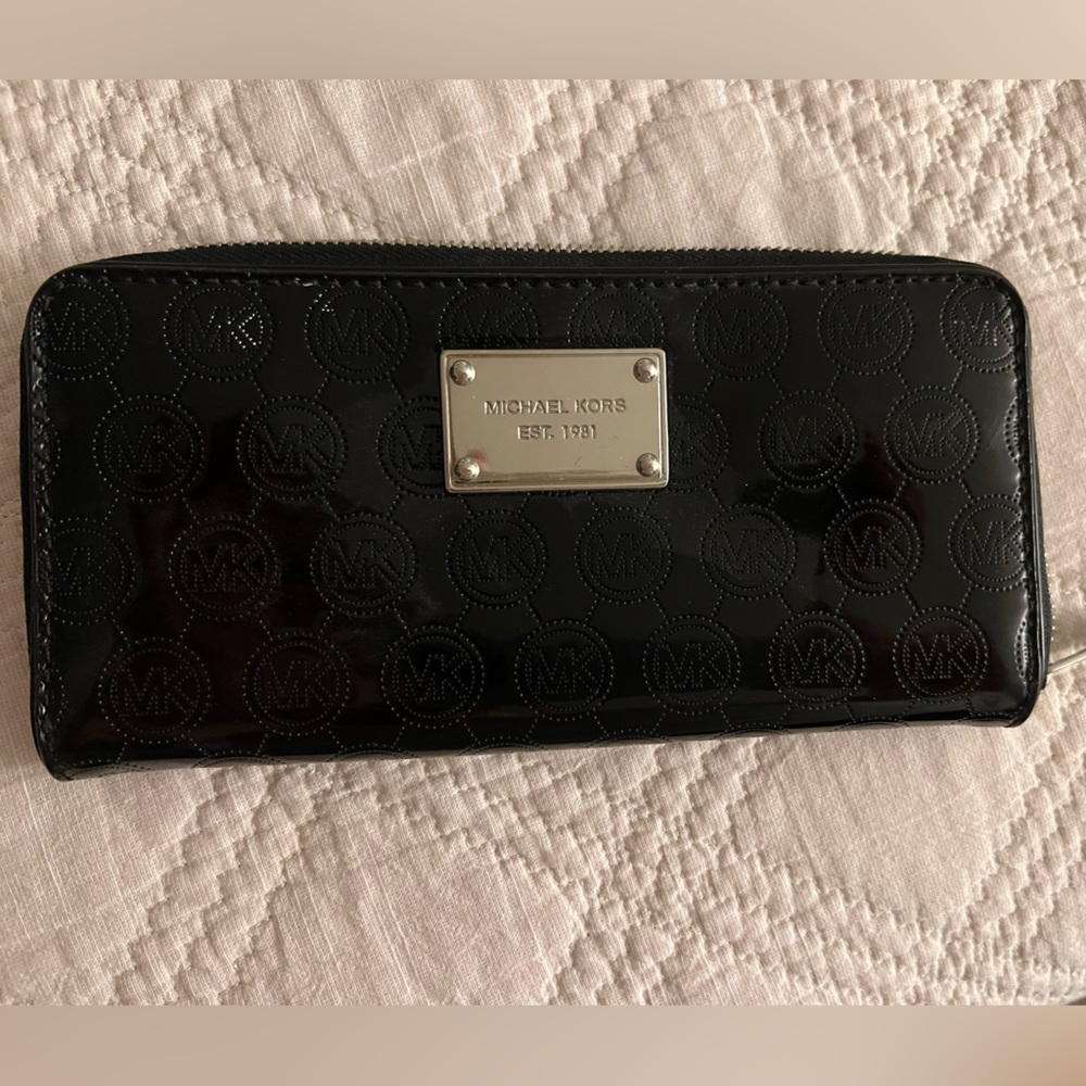 MK black metallic zip around wallet